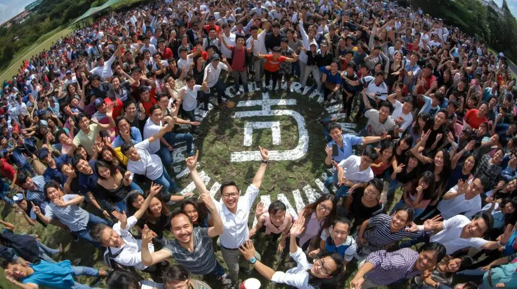 Hình ảnh một đội nhóm lớn đang tham gia hoạt động team building đầy năng lượng để giải thích team building là gì.