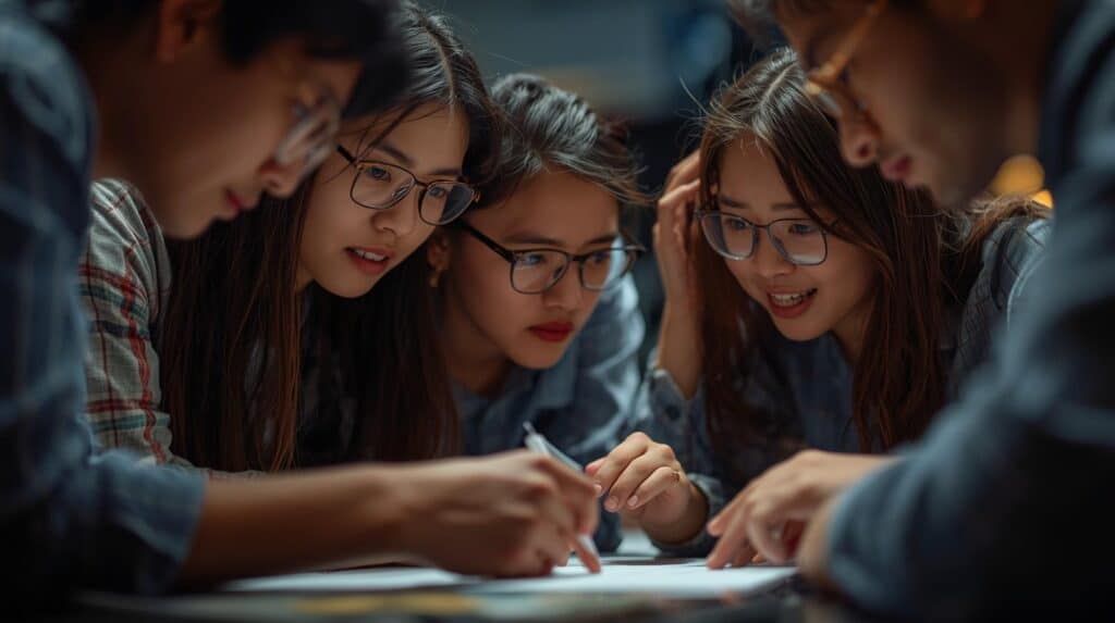 Lợi ích của Team Building - Một nhóm nhân viên đang hợp tác chặt chẽ để giải quyết vấn đề trong một hoạt động team building.