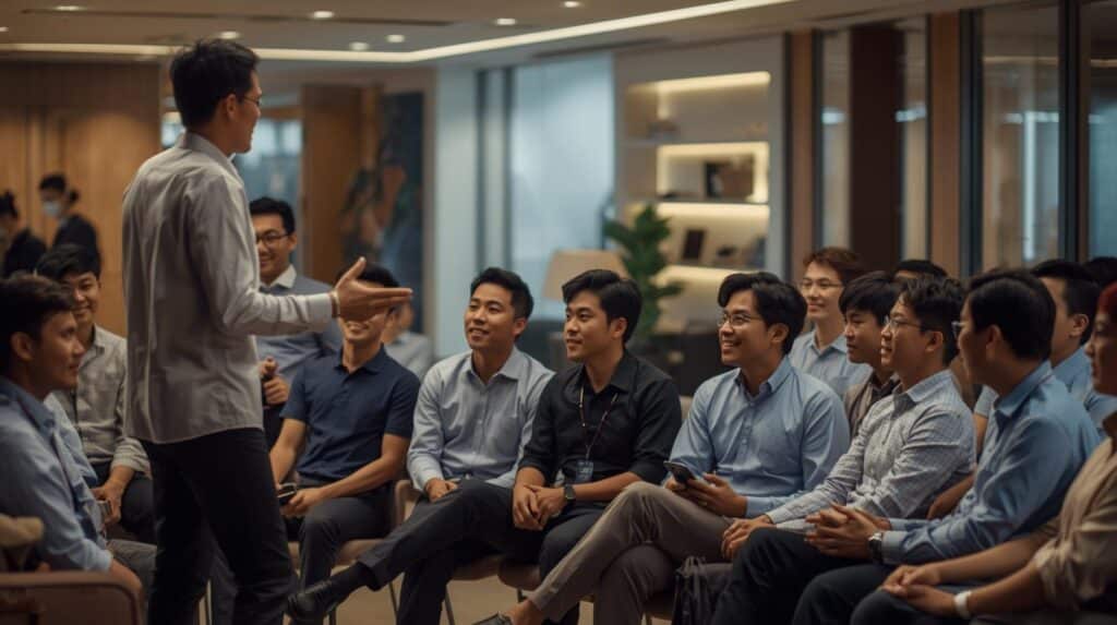 Một nhóm nhân viên đang hào hứng tham gia trò chơi team building phá băng Hai Sự Thật Một Lời Nói Dối